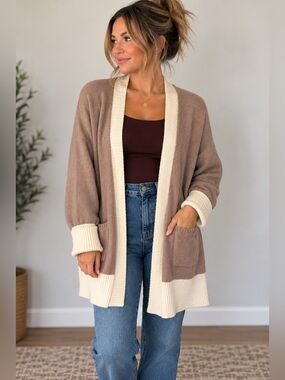 London Kaye Colorblock Open Front Cardigan Small